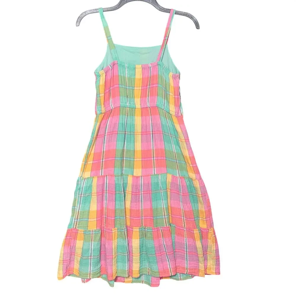 Gap Girls Tiered Midi Sundress Sleeveless Pastel Plaid Lagoon Print Pink Green